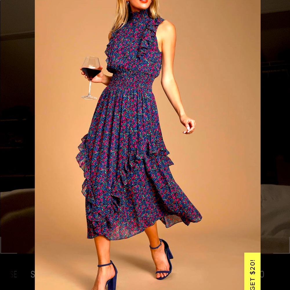 Lulus Evalina Navy Floral Print Mock Neck Midi